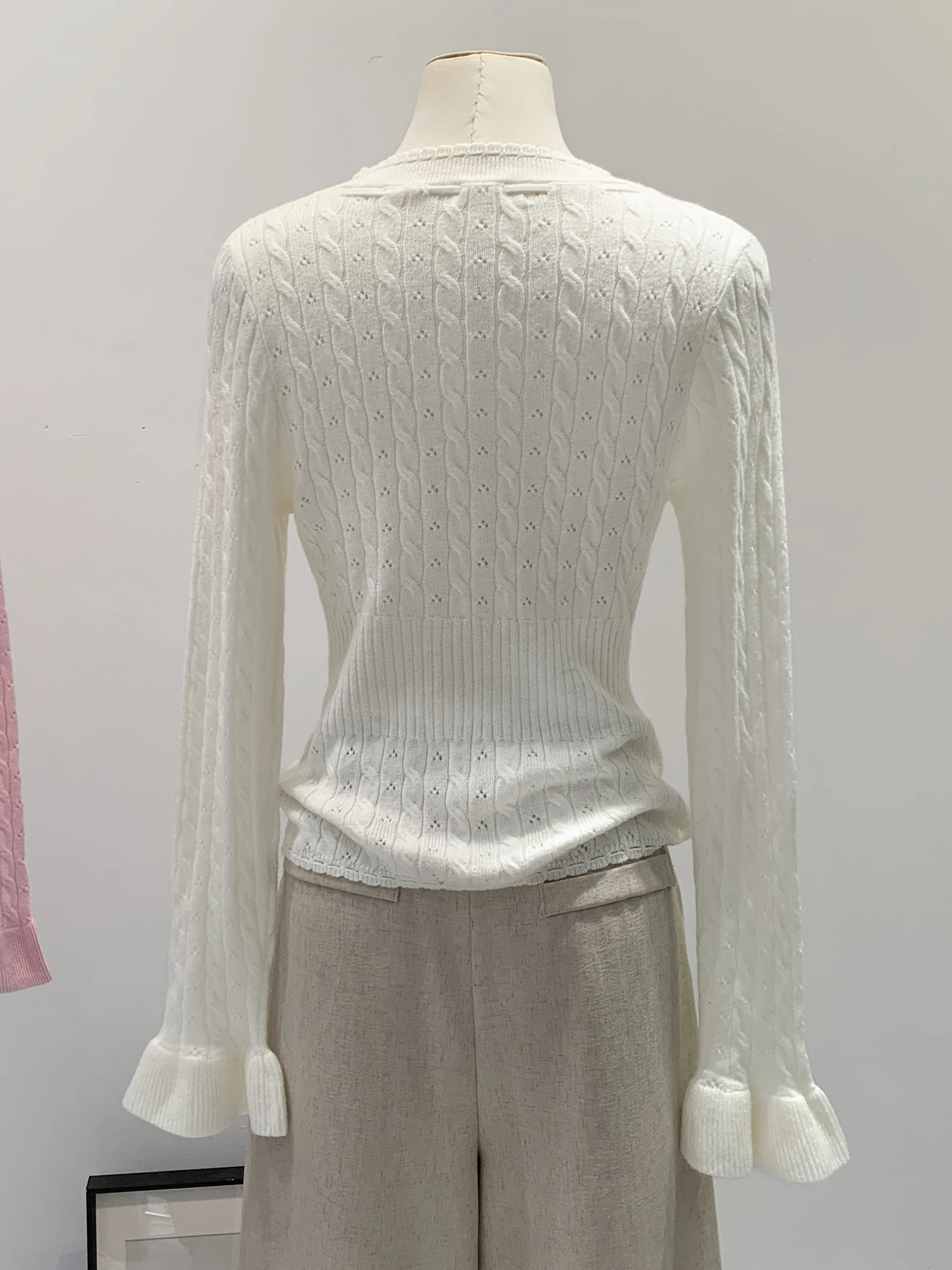 Early Spring Pink Hollow out Knitted Wool Base Layer Top Women's Single Wear Bell Sleeve Sweater Design Sense Beautiful view 4
