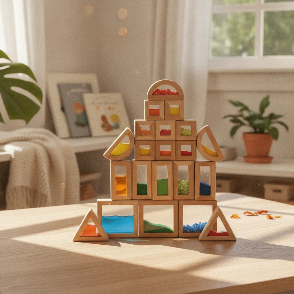 22 Pieces Wooden Sensory Blocks Beads Transparent Block Set Geometric Block Set Stackable Building Toy Open-Ended Play