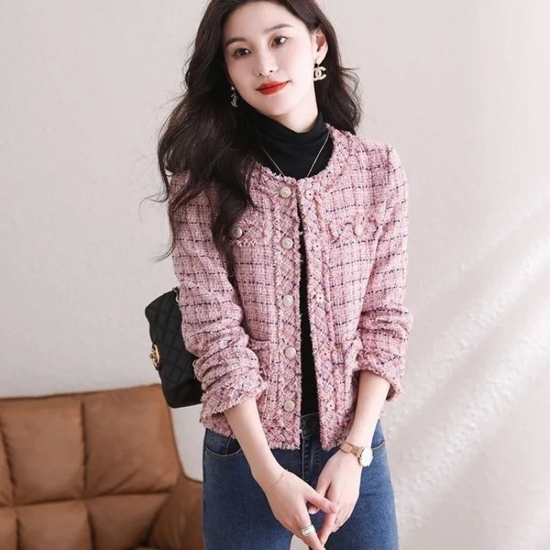 Korean Chic Woman Tweed Jacket Long Sleeve Tweed Blazer Pink Coat Cropped Jacket Luxury Outerwear Pocket Button New