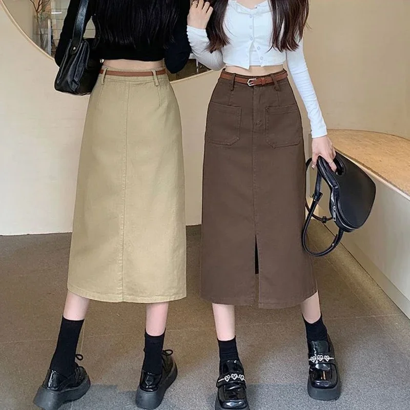 Korean Slim Fit Cargo Long Skirt Women Fashion with Belt High Waist Split Straight Skirt Woman All-Match Pockets Midi Faldas New