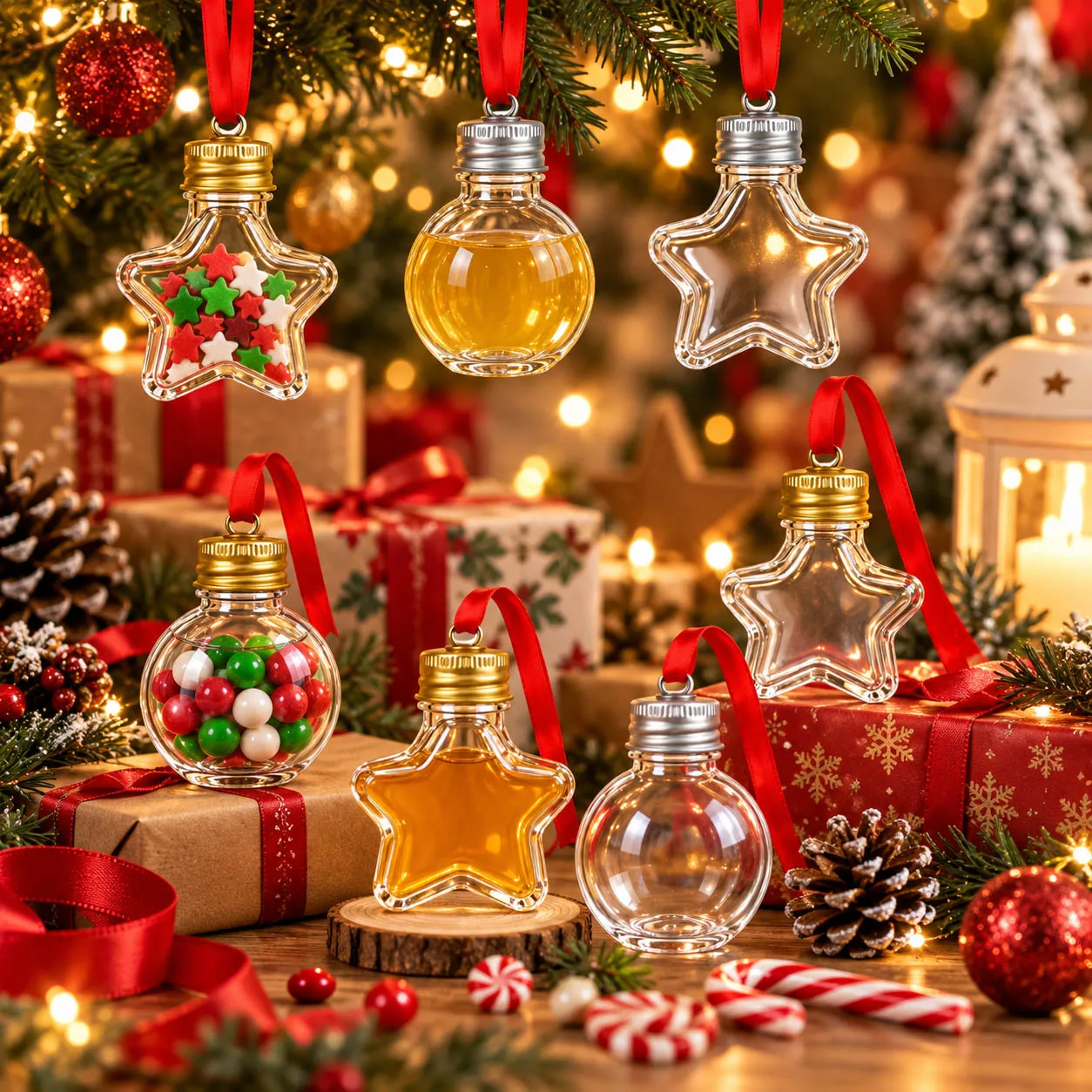 5/10Pcs Christmas Booze Balls-Xmas Fillable Booze Tree Ornaments-Clear Plastic Xmas Hanging Pendant 50ml Candy Juice Bottle