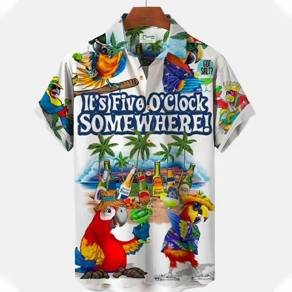 Hawaiian T-shirt Men's Shirt Parrot Print Short Sleeve Blouse Summer Beach Vacation Shirt For Men Fashion Lapel Men's Clothing