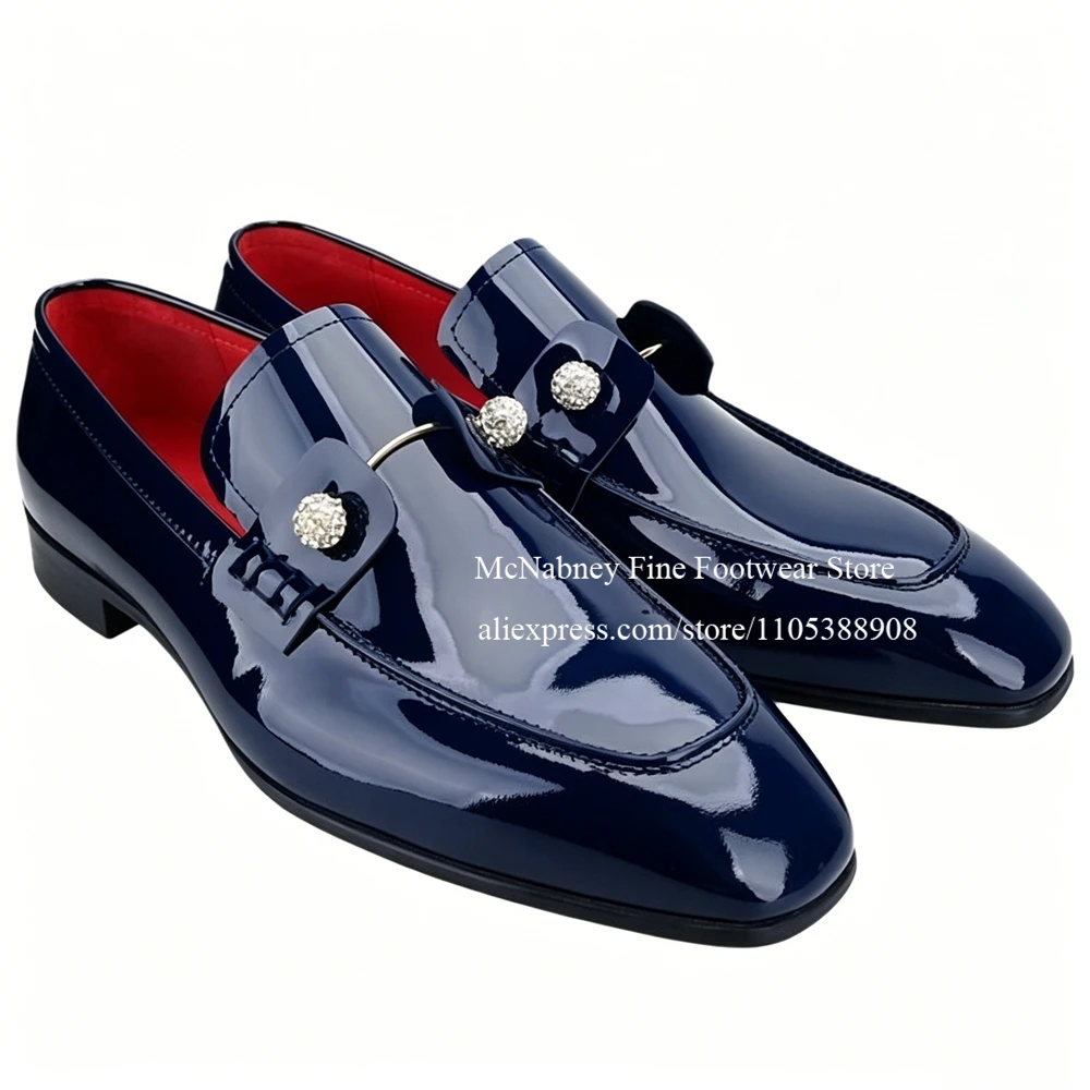 

Patent Leather Rhinestone Pin Buckle Loafers Crystal Lace Tip Slip on Men Formal Shoes Business Wedding Gentlemen Dress Shoes