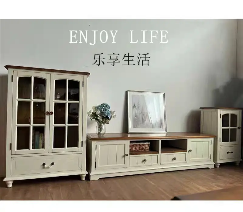 American wood living room furniture floor cabinet storage low cabinet rectangular retro small apartment pastoral TV cabinet
