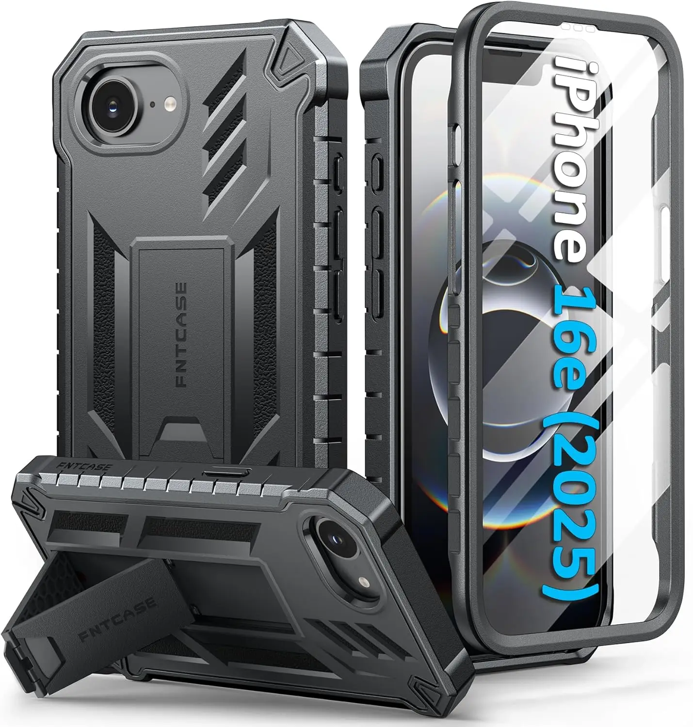 

Противоударный чехол для iPhone 16e с защитой экрана и подставкой - матовый черный