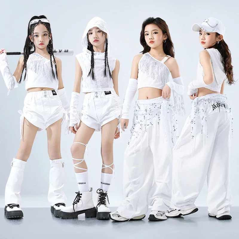 

Hip Hop Jazz Dance Outfit Girl Kpop Fashion Clothes White Hoodie Shuffle Pants Model Show Stage Costume Street Dance Wear