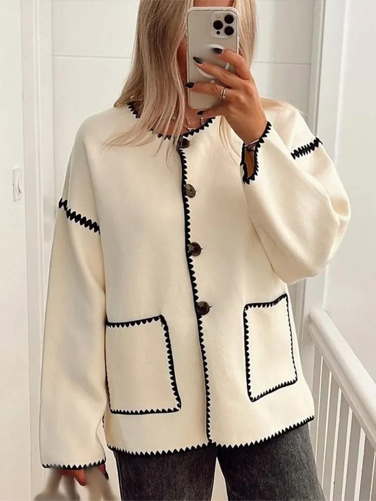 Women Contrast O Neck Loose Autumn Jacket Femlae Elegant Long Sleeves Loose Casual Coat 2024 Winter Lady High Street Outerwear