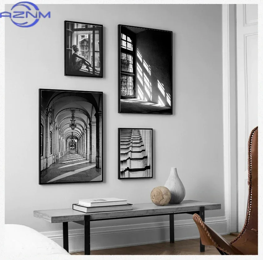 AZNM 1PCS frameless Canvas paintingWall Art S Prints Wall Pictures For Living Room Scandinavian Nordic Black And White Building