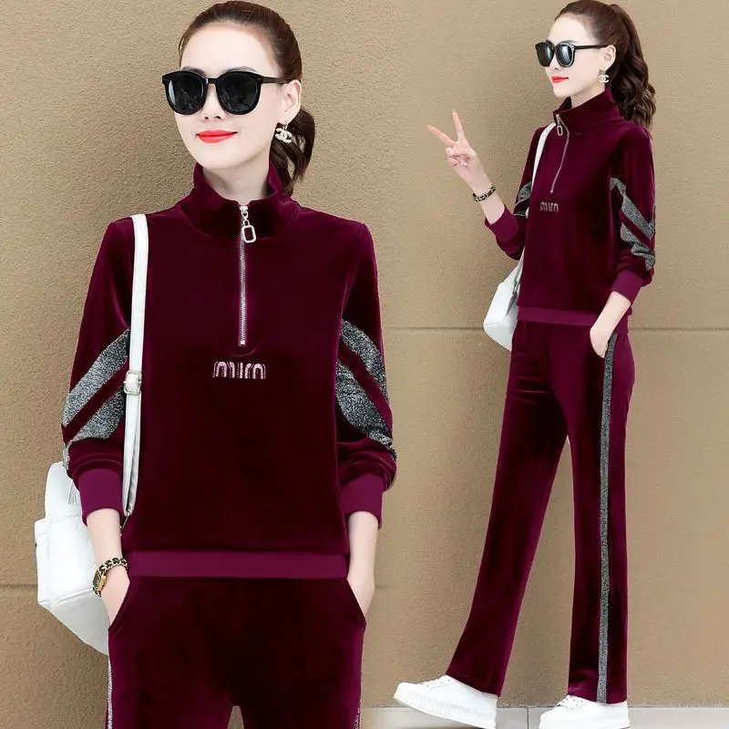 Golden Velvet Sportswear Set Women's Fashion Stand Up Collar Age Reducing Hoodie Wide Leg Pants Two Piece Set