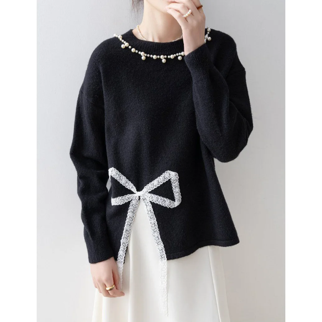 

Bead Knitted Sweater Autumn and Winter Temperament Design Sense Bow Lace Splicing Crew Neck Sweater Women