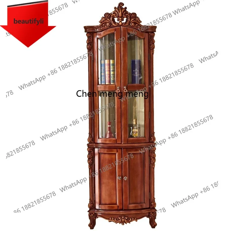 Gabinete decorativo tallado de doble puerta de madera maciza de lujo ligero americano A48, vitrina de almacenamiento de vidrio para sala de estar