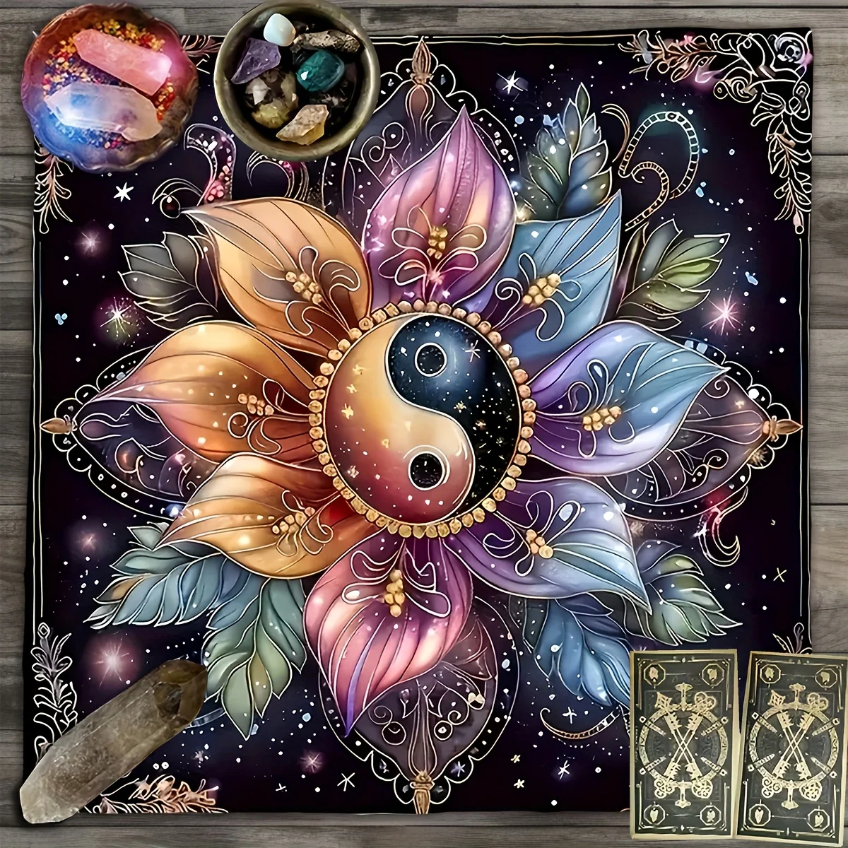Tarot Cloth Astrology Sun Tarot Cloth Three Card Spread 1Pc Polyester Yin Yang Mandala Tarot Tablecloth, Starry Sky Design,