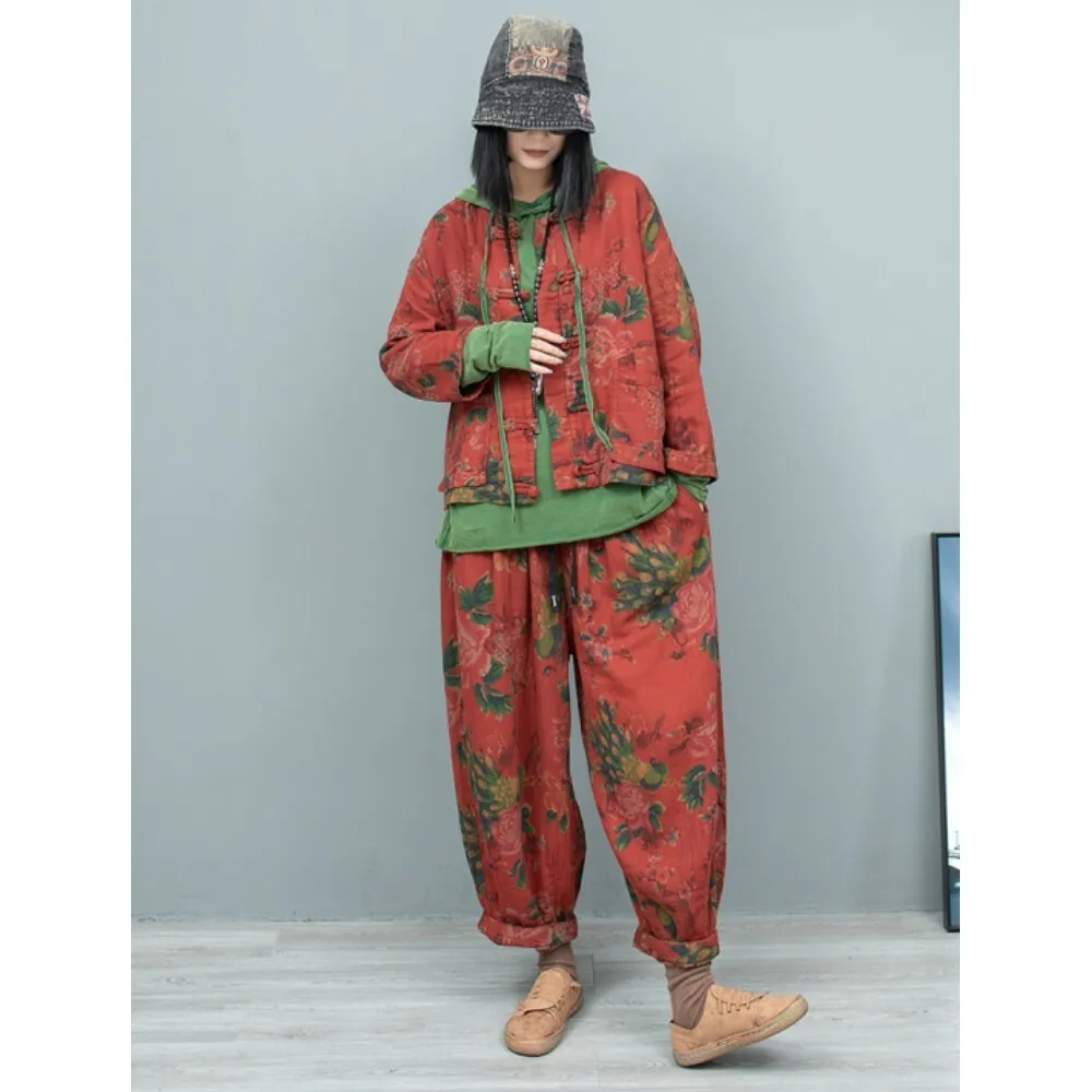 

Chinese Style Vintage Printed Buttoned Cardigan Long Sleeved Jacket + Pants Two-piece Set Women 2024 Autumn Red Pant Set LX2103