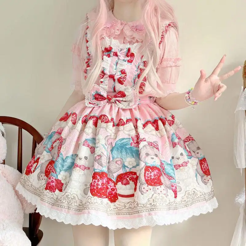 Harajuku Kawaii Lolita Cosplay miękka siostrzana sukienka śliczna królik truskawkowa bez rękawów Jsk marszczona kokardka księżniczka Tutu słodkie ubrania