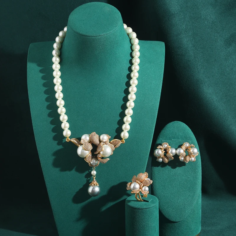 Vintage Zircon Pearl Wreath Pendant Necklace Earrings Ring Jewelry Sets Classic High Quality Daily Retro Gifts For Girlfriends