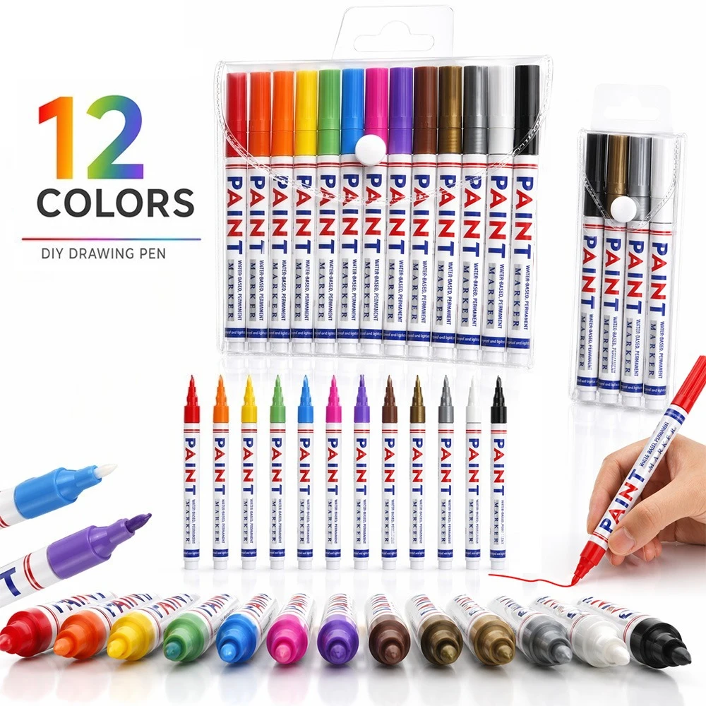 

12 Colors Permanent Markers Set Waterproof Quick-Drying Water-Based Marking Pens Art Painting DIY Crafts Office School Supplies