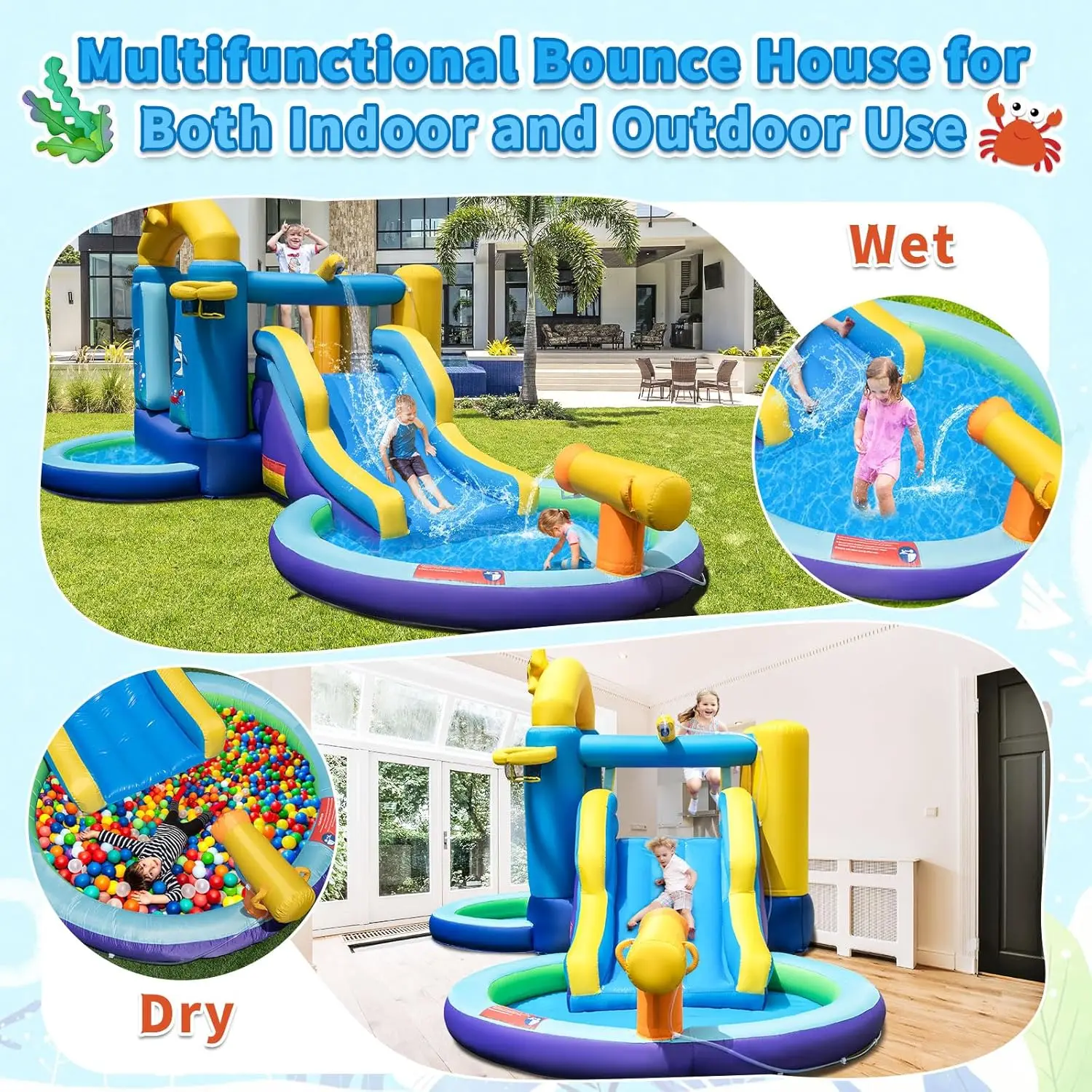 Nadmuchiwana zjeżdżalnia wodna z dmuchawą 735w, Park wodny z Bounce House o tematyce oceanicznej z basenem z piłkami i pluskiem, wewnętrzne dmuchane Cas na zewnątrz