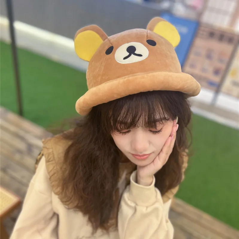 Rilakkuma Bear Head Plush Bucket Hat Korilakkuma Warm Cap Gorras Kawaii Cute Winter Hat for Women