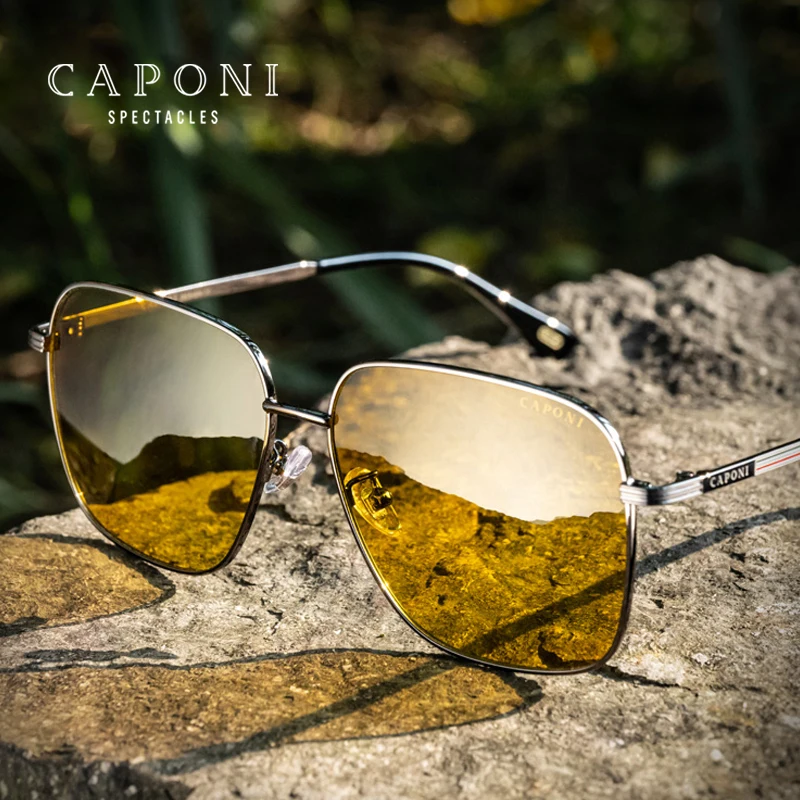 CAPONI Day Night Vision Sunglasses For Men Photochromic Brown Driving Yellow Sun Glasses Original Design UV400 Eyewear BSYS23031