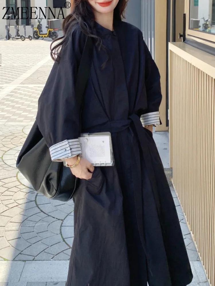 

ZMEENNA Classic Trench Coat For Women Black With Contrasting Striped Cuff Lining Stylish And Loose Fit Outerwear ZM4135