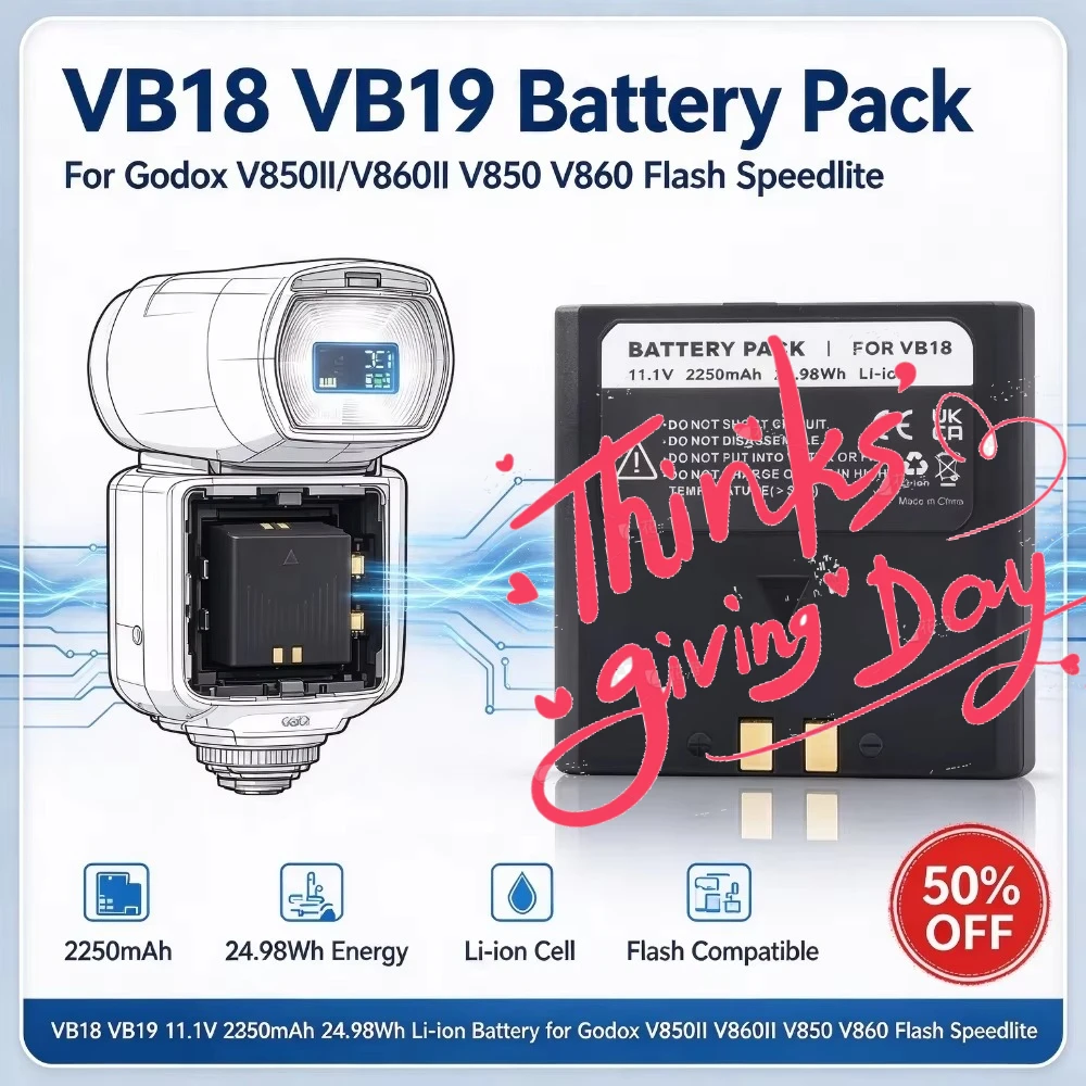 VB18 VB19 11.1V 2250mAh 24.98Wh High Capacity Replacement Li-ion Battery for Godox V850II V860II V850 V860 Flash Speedlite
