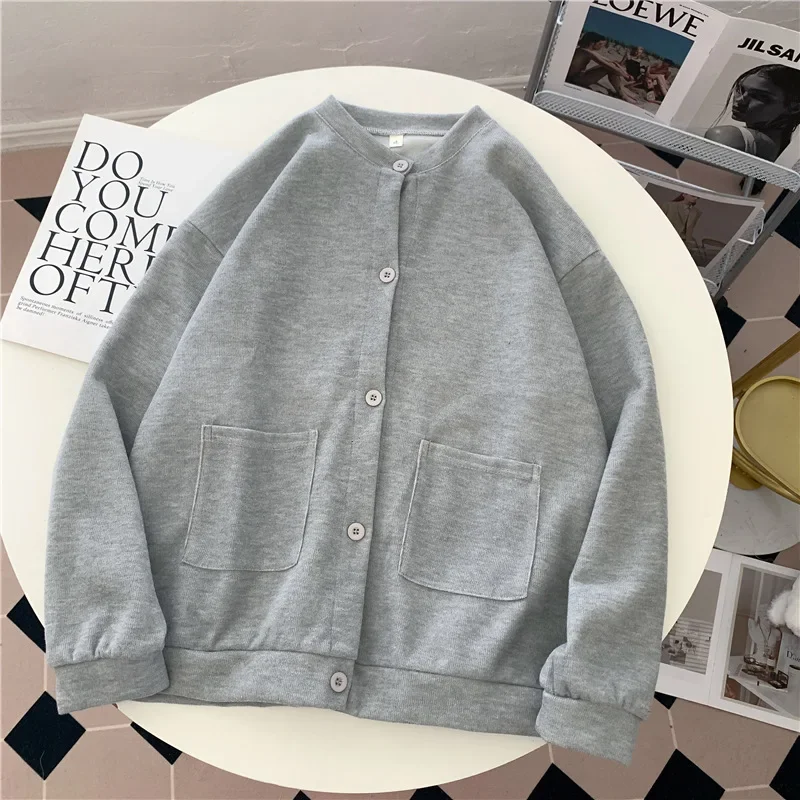 Women Simple Solid Colors Cardigans O-Neck Single Breasted Loose Casual Cardigans Spring Autumn New Chic All-Match Sweatshirts