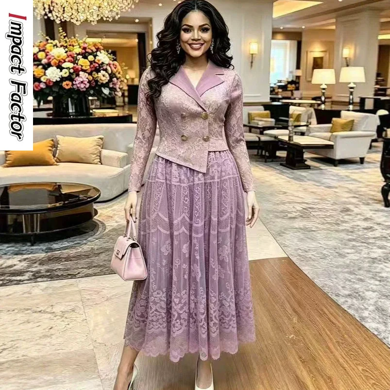 

2026 Summer New Miyake Women's Clothing Fashion Slim Suit Collar Elegant Long Sleeve Temperament Loose Lace Splicing Long Dress