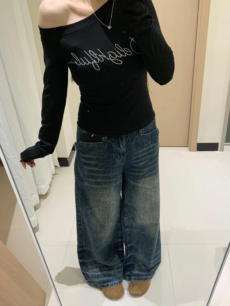 

High Waist Wide Leg Women's Jeans Retro Design Lightning Pattern Washed Denim Pants Trendy American Style plus Size Slimming