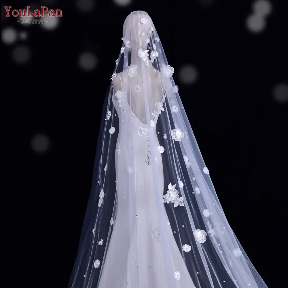 Bridal Veil Long Wedding Veil 3D Flower Petals Ivory for Bride Ribbon Edge Mantilla Cathedral Pearls Rhinestones