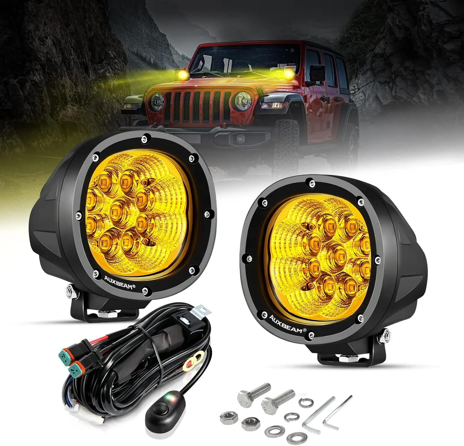 4 Inch Amber Round LED Driving Light, 2PCS 90W 9000LM Yellow Fog Pods Light Bar Off-Road Flood Work Energy-Efficient Lights with