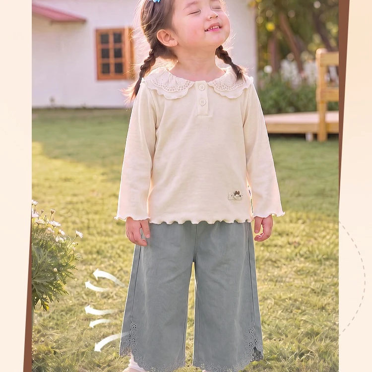Girls Pants 2026 Autumn and Winter New Children's Clothing Korean Style Girl Baby Foreign Style Lace Hollow Straight Tube Pants