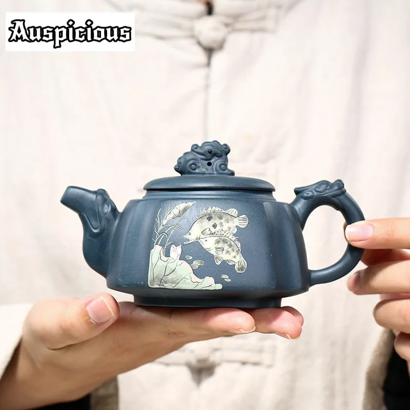 270ml Yixing Master Purple Clay Teapots Handmade Fish Pattern Tea Pot Raw Ore Azure Mud Kettle Chinese Yixing Tea Set Size