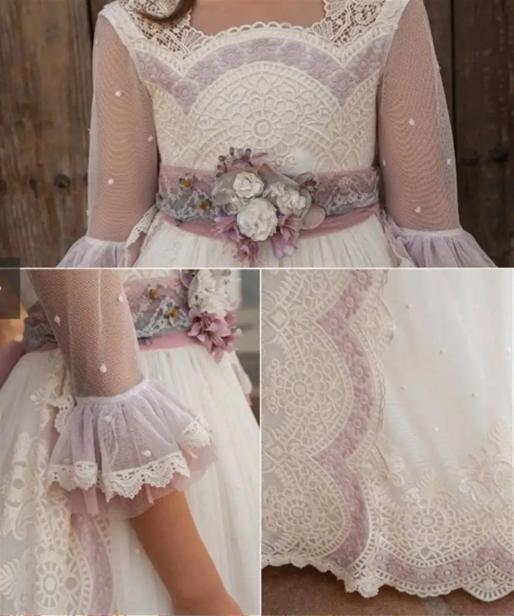 

Customized Bohemian Fairy Girl Communion Dress Lace Floral Bow Belt Flower Girl Wedding Dress Princess Birthday Party Dress