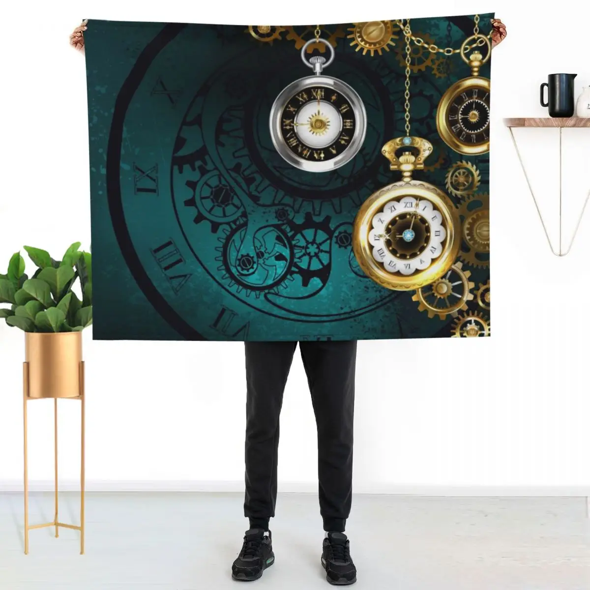 Clock with Gears on Green Background ( Steampunk ) Throw Blanket for winter Warm Hairys Summer Beddings Beach Blankets