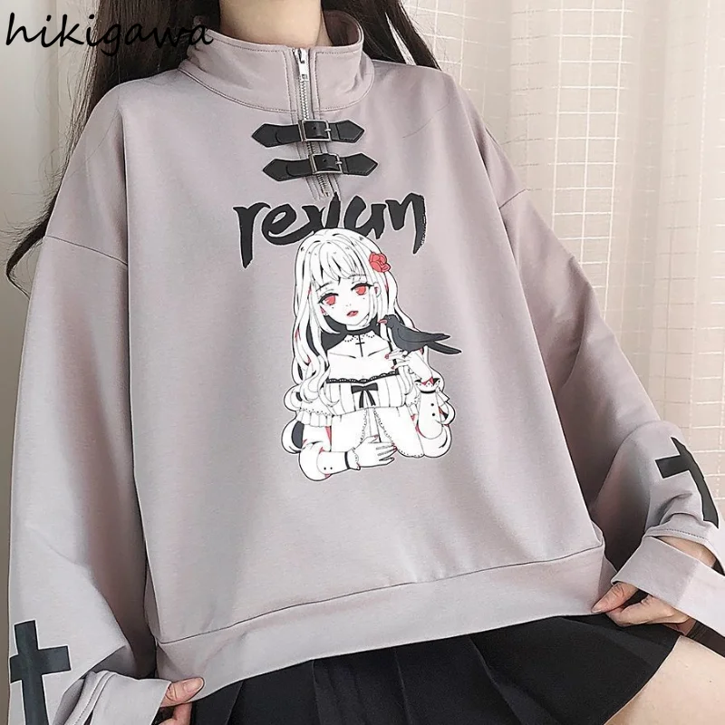 Japanese Hoodies Women Harajuku Half High Collar Long Sleeve Tops 2023 Ropa Mujer Fashion Cartoon Anime Print Sweatshirts 27i669