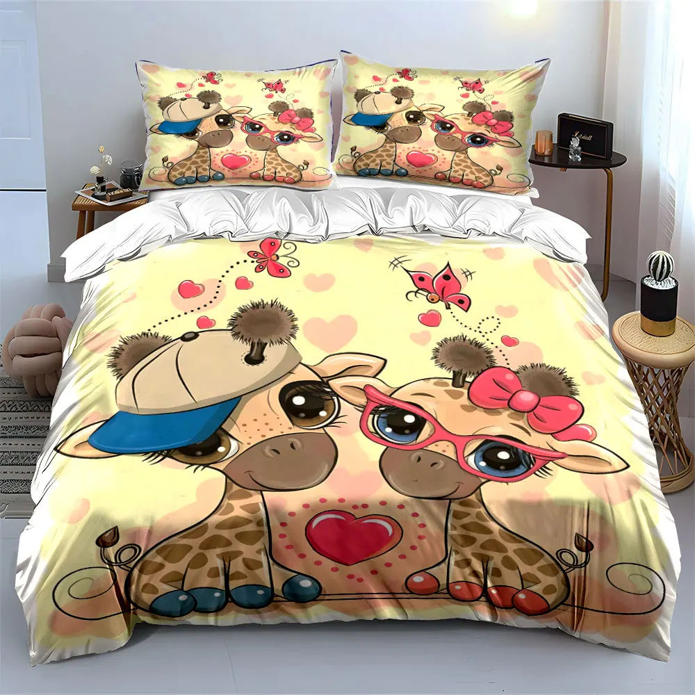 Cute giraffe couple pink background Print Soft Comfortable Duvet Cover Bedding Set Included 1*Duvet Cover  2*Pillowcases