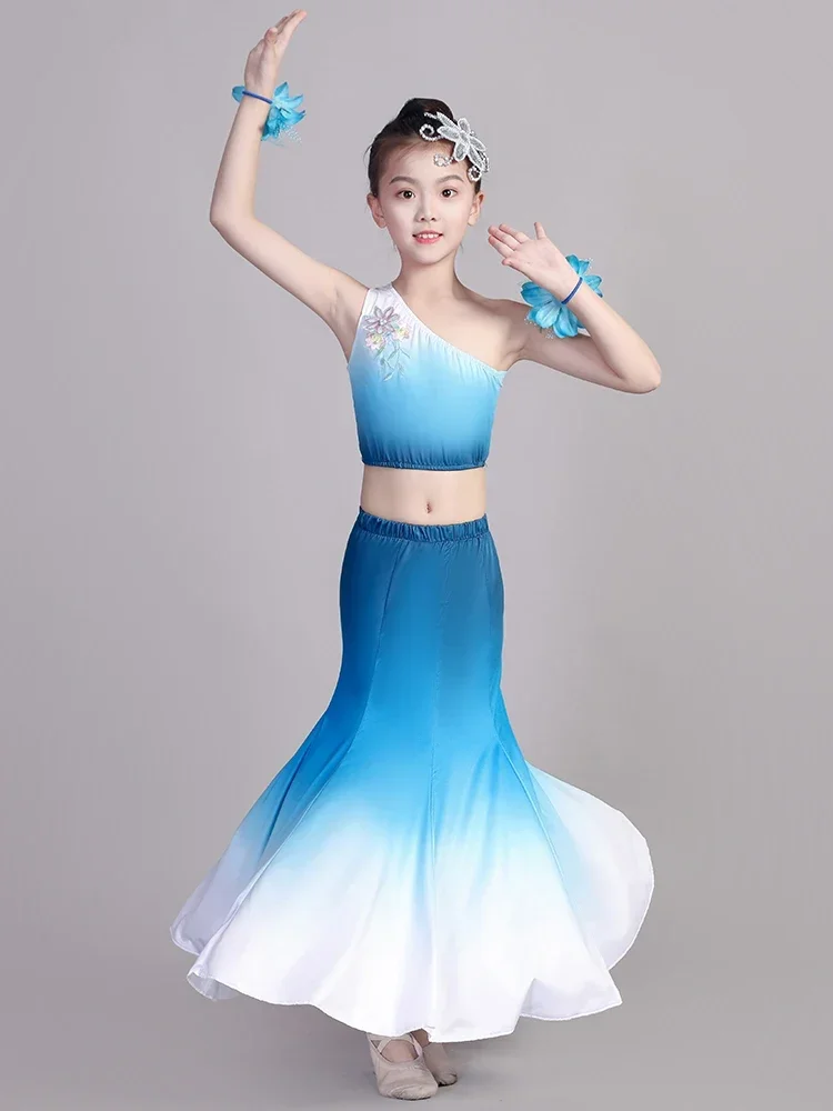 Strój taneczny mniejszości etnicznych, strój pawia na występy sceniczne, spódnica rybi ogon, strój ludowy do tańca Dai, sukienka do tańca Dai dla dzieci