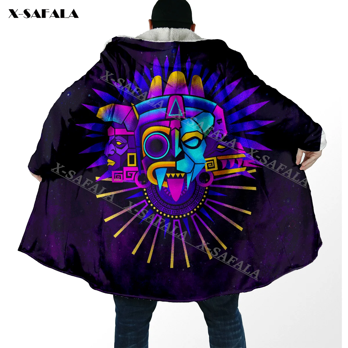 

Aztec Tezcatlipoca Quetzalcoatl Deities Mural Art 3D Print Hoodie Long Fur Collar Hooded Blanket Cloak Quilted Cashmere Fleece 1