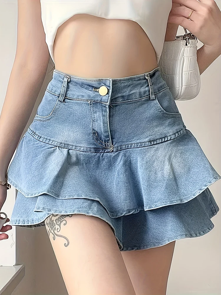 Vintage Woman Denim Shorts Skirts Summer 2023 Streetwear All Match Washed Kawaii Ball Gown Ruffles Mini Jeans Saias Femme