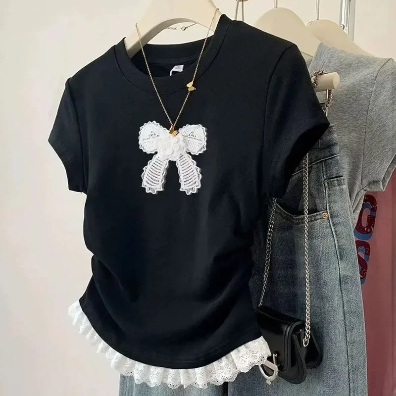 Fanan ريترو القوس الدانتيل قصيرة الأكمام تي شيرت امرأة Y2K جولة الرقبة خياطة تصميم أعلى المرأة الصيف الكورية سليم صالح اقتصاص تيز #6