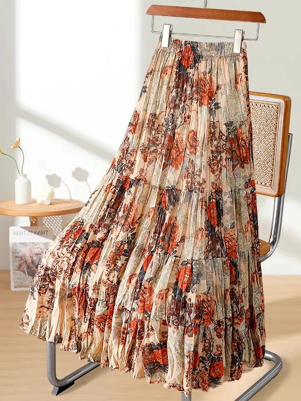 

Korean Retro Printed Contrast Color Floral Tiered Pleated Skirt For Women Summer Elastic Waist Flared Hem Midi Skirts French