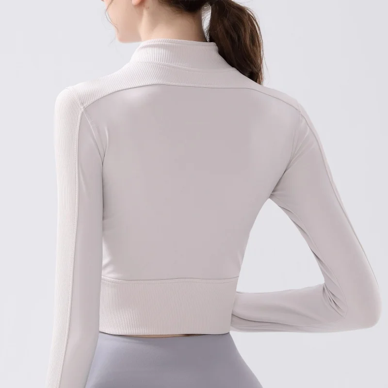 Ribbed Cropped Collar Half Zip 2.0 Yoga Shirt Crop Top Long Sleeves Pocket Sport Outfit For Women Fiess Gym Workout Clothing