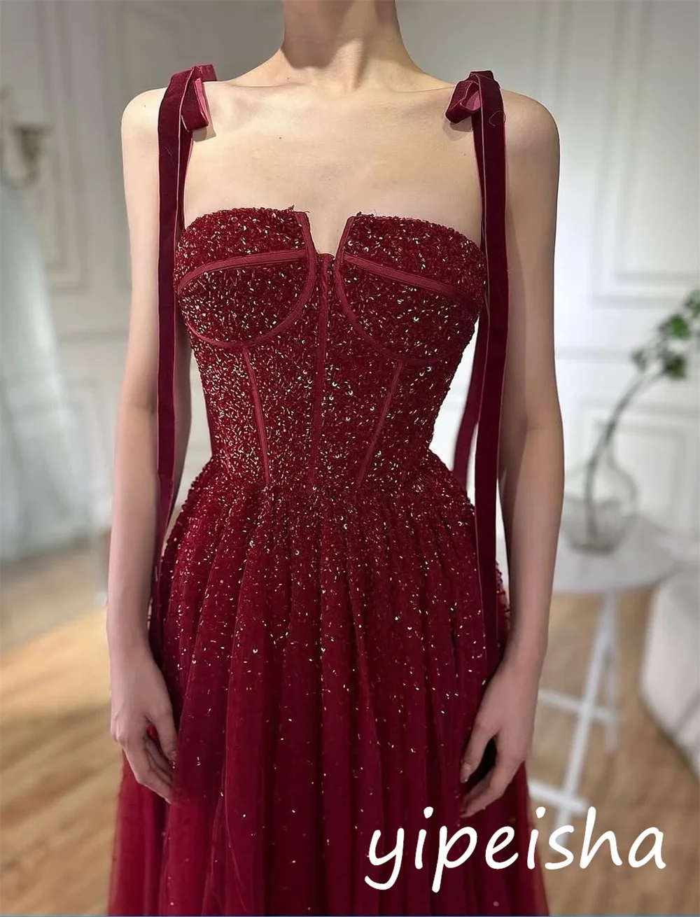 Customized Modern Style Net Sequined Pleat A-line Square Neck Long Dresses Bespoke Occasion Sparkle Casual image 3
