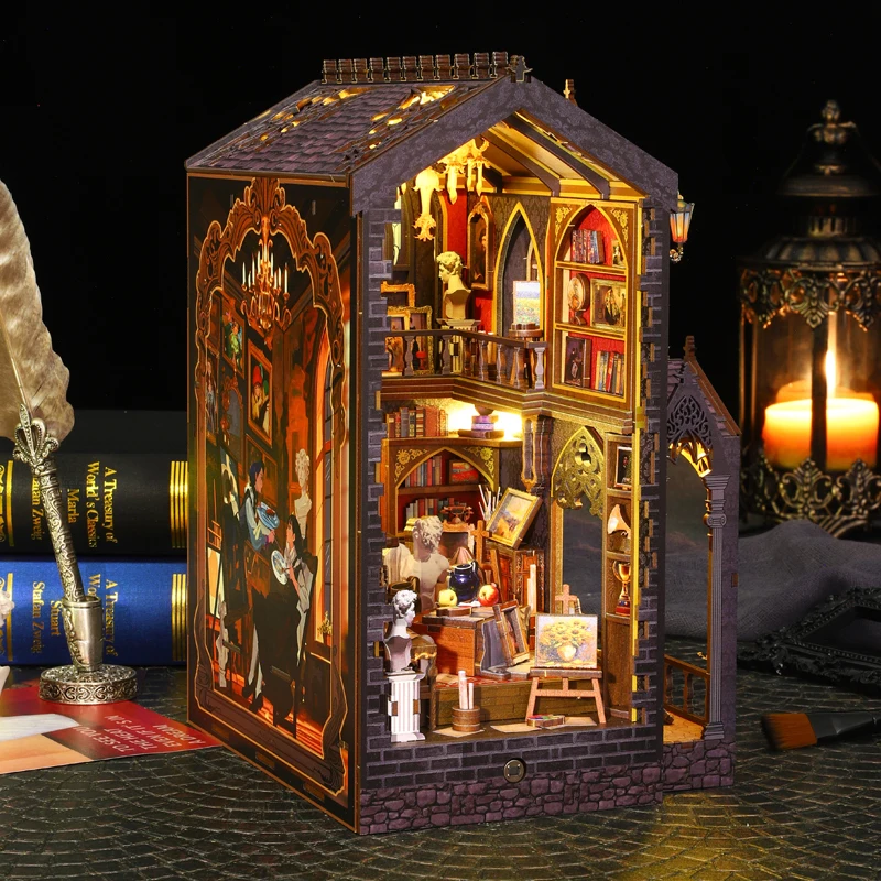 

Retro DIY Wooden Book Nook Figurines Miniatures Kits Wonder Studio Bookshelf Home Bookend Decoration For Adult Handmade Gifts