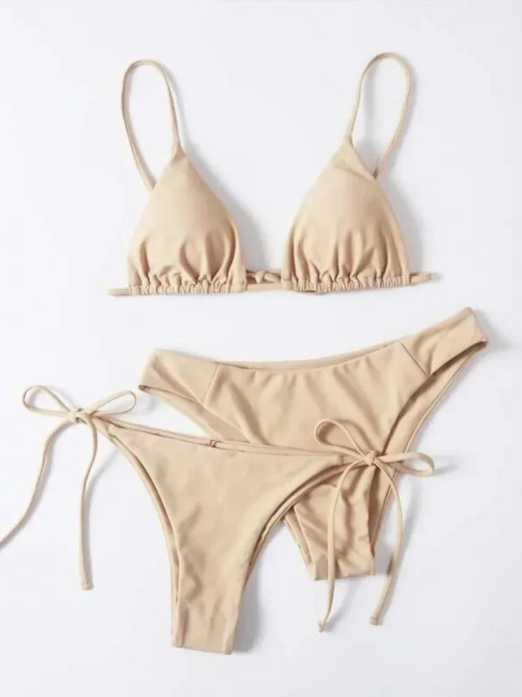 

2025 Новый летний купальник, комплект бикини, сексуальный однотонный комплект бикини на тонких бретельках, комплект из 3 предметов, женский разделенный купальник, пляжное бикини с высокой талией