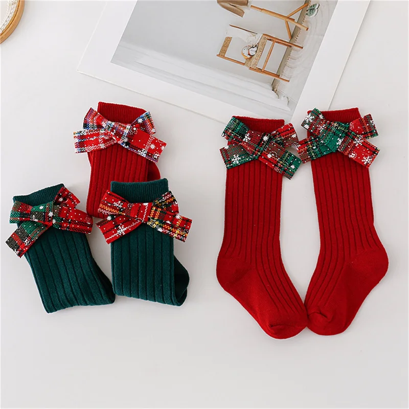 Cathery Kids Girls Christmas Socks Cute Dress Socks with Bows Breathable Walking Socks for Toddler Infant Clothing Accessories