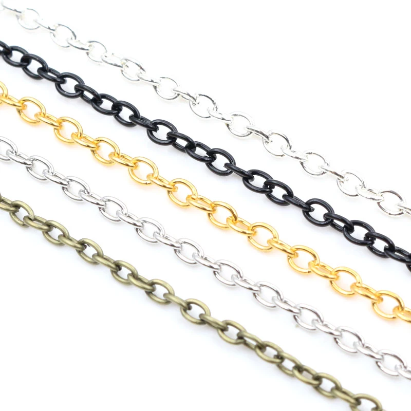 5 metrów/partia 3x2mm 4x3mm 5 kolory Plated krzyż nie spawane żelaza łańcuchy kablowe naszyjnik DIY biżuteria dokonywanie ustalenia akcesoria