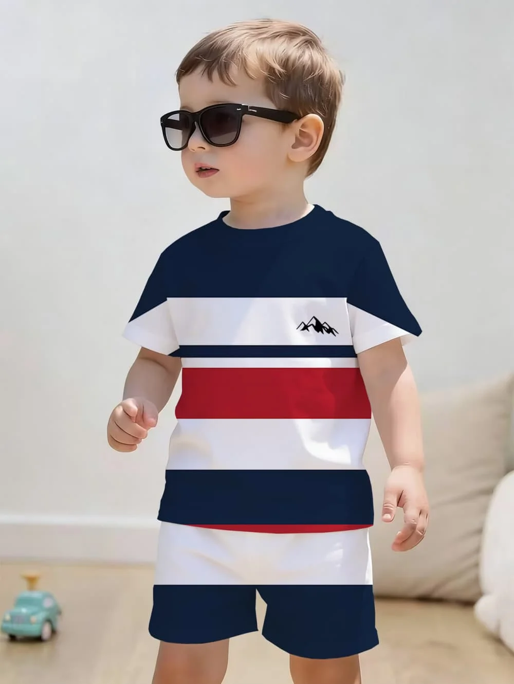 Jungenkleidung Lässiges Streifen-Buchstabenmuster Bedrucktes Kurzarm-T-Shirt Shorts-Set Outdoor Schnelltrocknende Oberteile Lässiges Kinder-Oberteil – Detail 8