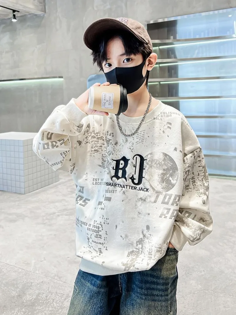 Boys' Mid-Large Size 2025 Spring Autumn New Korean Style Stylish Fleece-Lined Dashing Layering Sweatshirt