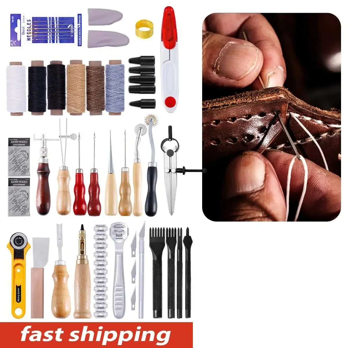 61Pcs Professional Leather Craft Tools Kit Home Hand Sewing Stitching Punch Carving Work Saddle Leathercraft DIY Accessories